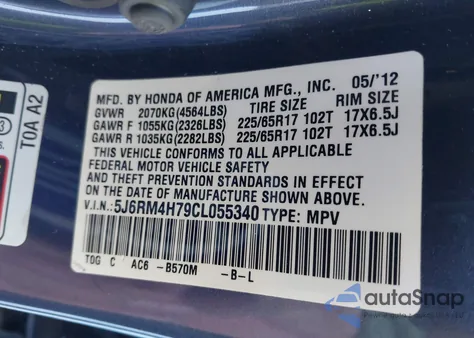 2012 Honda Cr-V Ex-L z USA, uszkodzony, nr VIN 5J6RM4H79CL055340